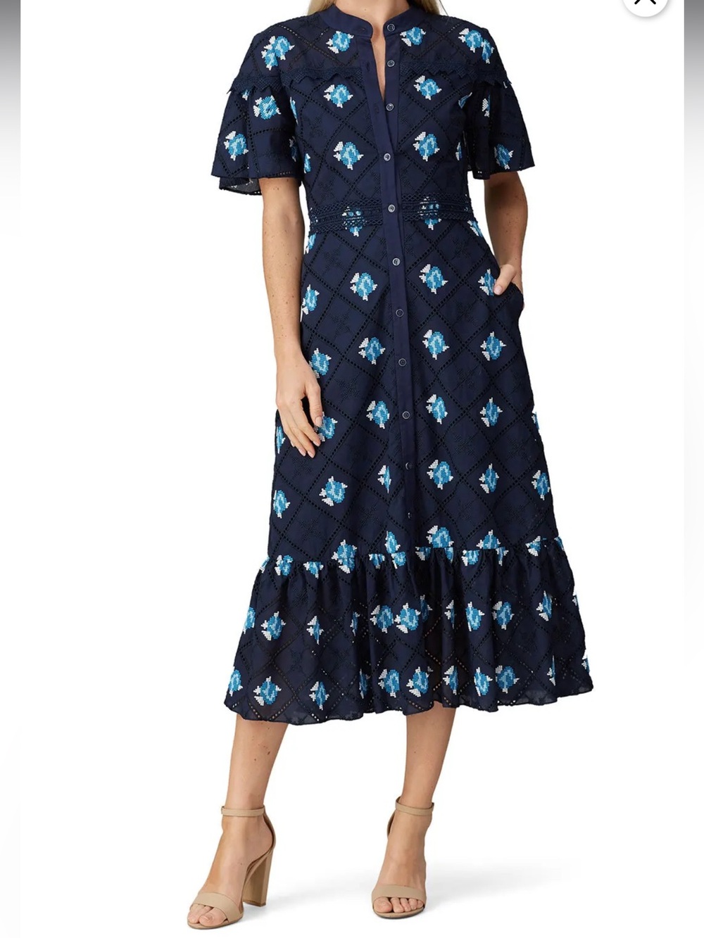 Shoshanna Almendra Navy Floral Embroidered Eyelet Midi Dress Size 8